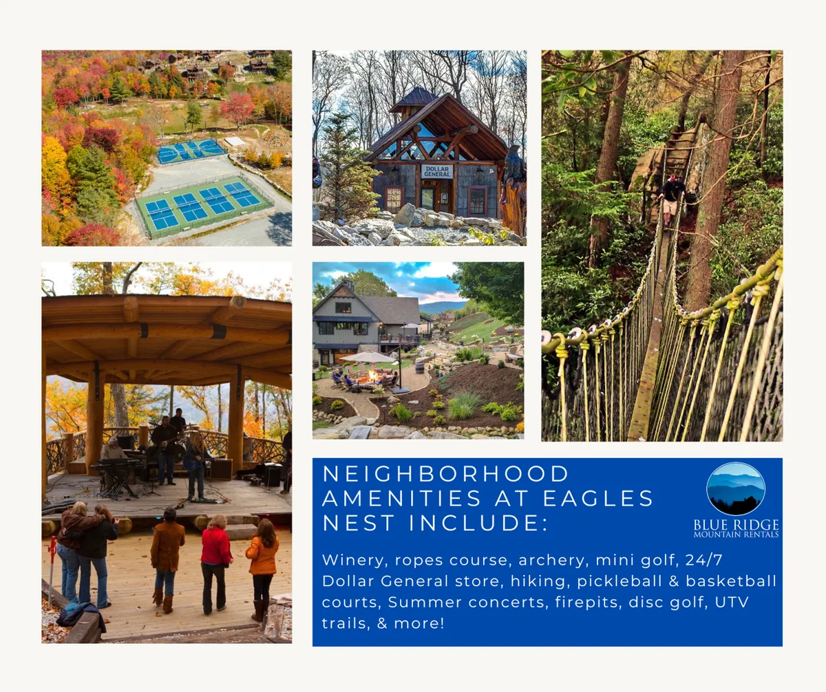 This exterior image captures the community amenities at Eagles Nest, featuring natural landscapes, activity areas for hiking, archery, and mini golf, along with communal firepits and open green spaces. The view is lively and illustrates a space bustling with outdoor activities, set against a backdrop of the Blue Ridge Mountains.